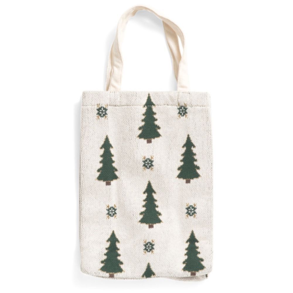 CT White Ivory Green Gold Christmas Tree Snowflake Knit Wine Gift Bag